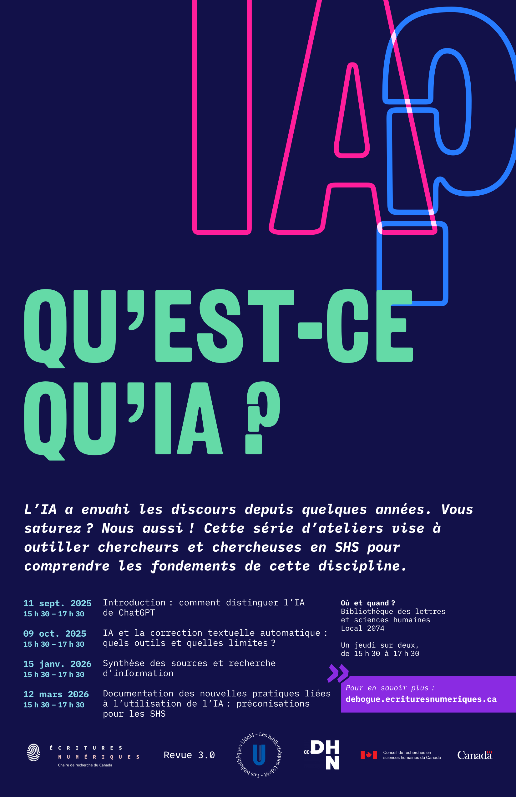 «  Qu’est-ce qu’IA ?  » Affiche Débogue tes humanités pour la saison 2025-2026.