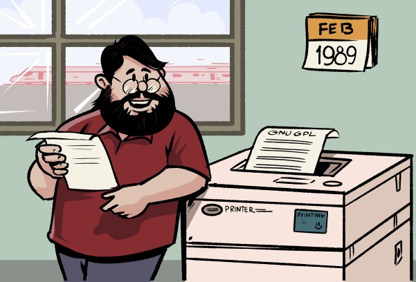 Illustration de Richard Stallman qui utilise une imprimante. (Crédits : Free Software Foundation)