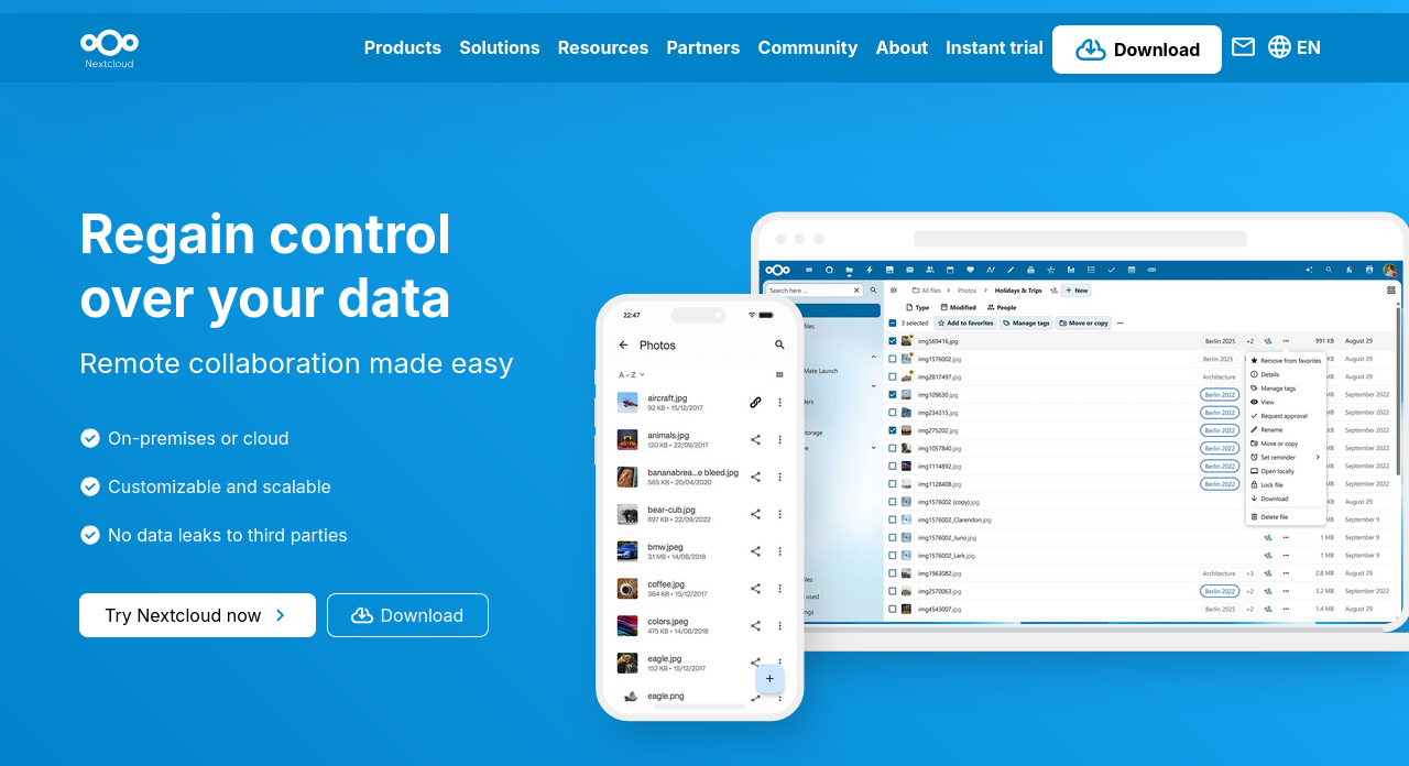 Page d’accueil du site web de Nextcloud