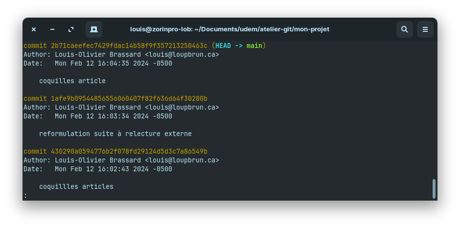 Exemple d&rsquo;état d&rsquo;un dépôt après plusieurs commits, visualisation dans le terminal (avec la commande git log)