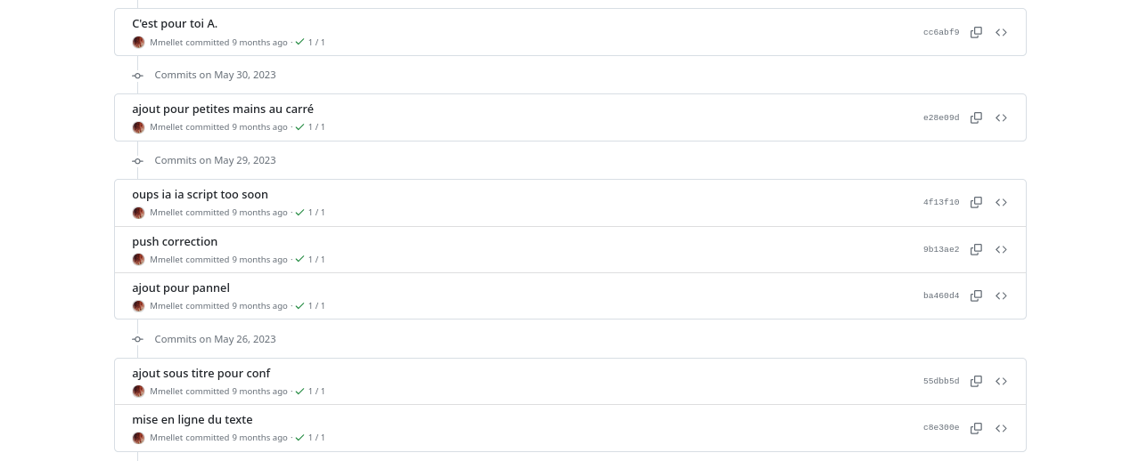 Fil de commits par Margot Mellet pour son carnet d&rsquo;écriture (CC0 1.0 universel - domaine public)